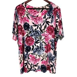 JM Collection Woman Plus Size 2X Beautiful Pink Tropical Floral Blouse Shirt Top